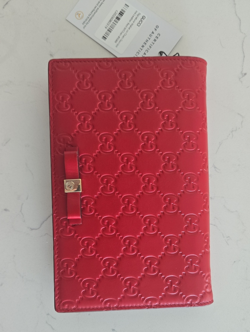 Gucci Red Embossed Leather Bow Continental Wallet On Chain